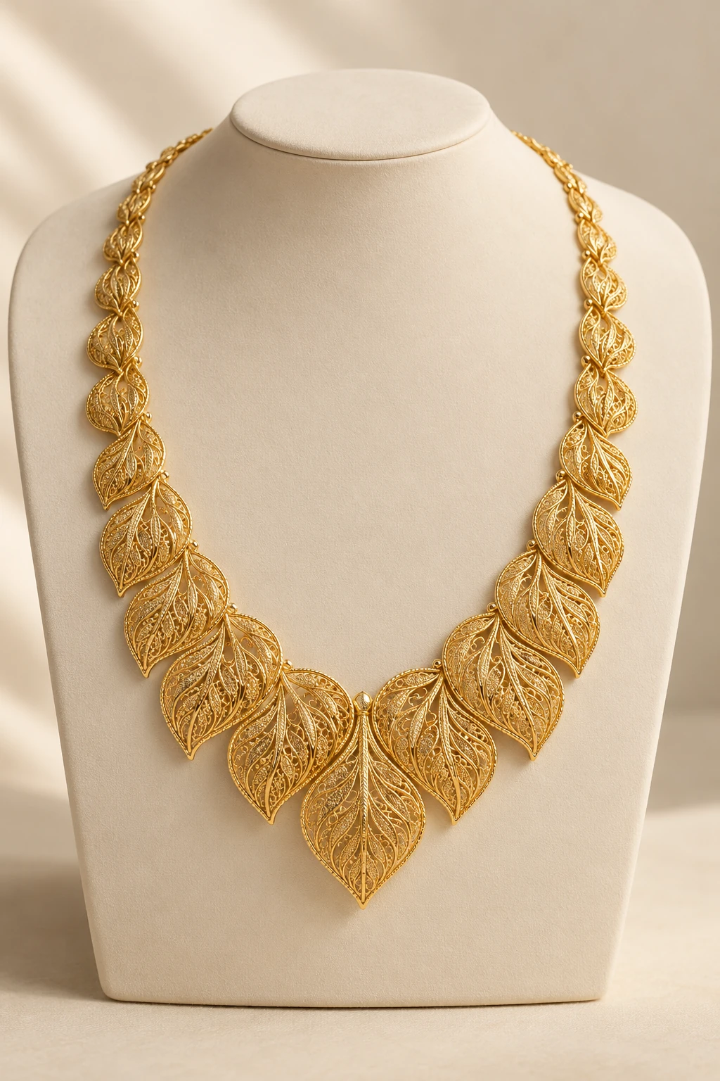 Leaf filigree necklace on an ivory display